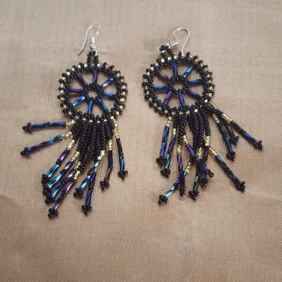 Handmade Beaded Chandelier Shepard's Hook Earrings Black Iridescent and Gold 4" - Picture 4 of 16